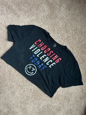 Black Graphic Crop Tee with 'Choosing Violence Today' Print